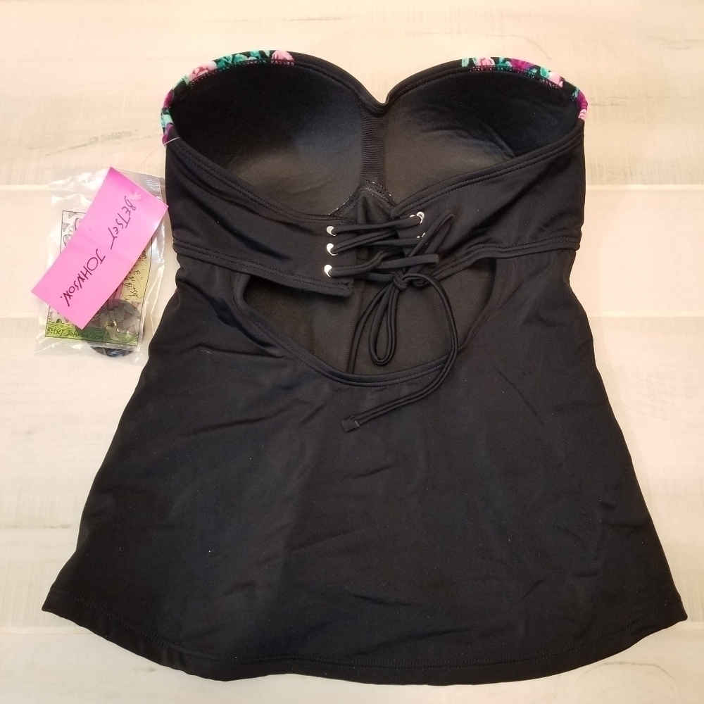 {S} NWT Betsey Johnson Floral Rose Black Convertible Swim Tankini Top Only - Picture 5 of 10